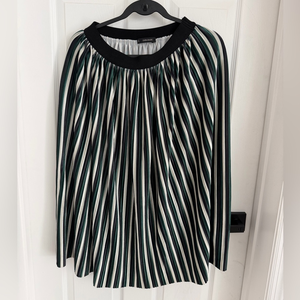 Zara Pleated Midi Skirt Black Green Striped High Waist Chic - Picture 4 of 7